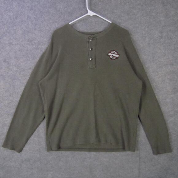 Harley-Davidson Shirt Mens Large Green Henley Thermal Waffle Knit Bar Shield - Picture 1 of 9
